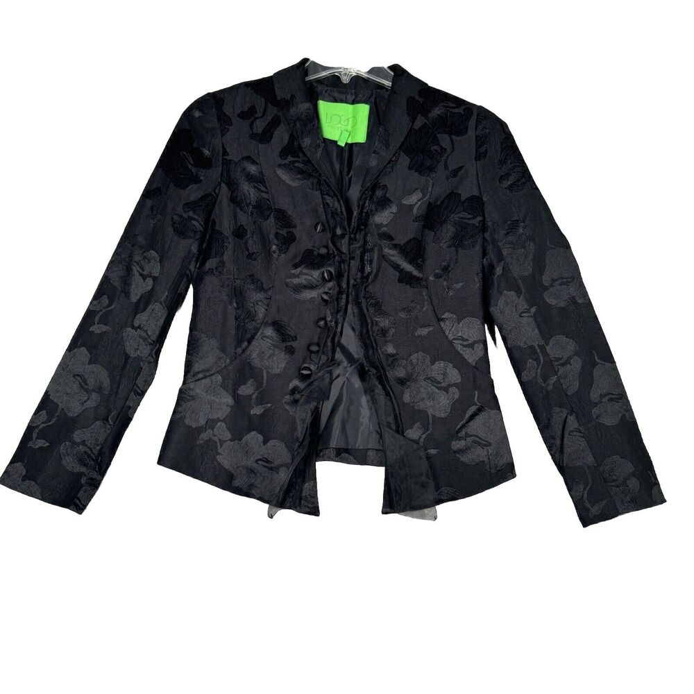 Logo Lori Goldstein Blazer Womens 4 Black Dark Floral Chiffon Ruffle Witchy Goth